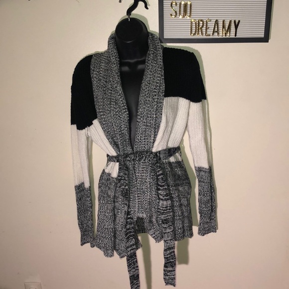 Sweaters - Gray, Black and White Belted Sweater Cardigan